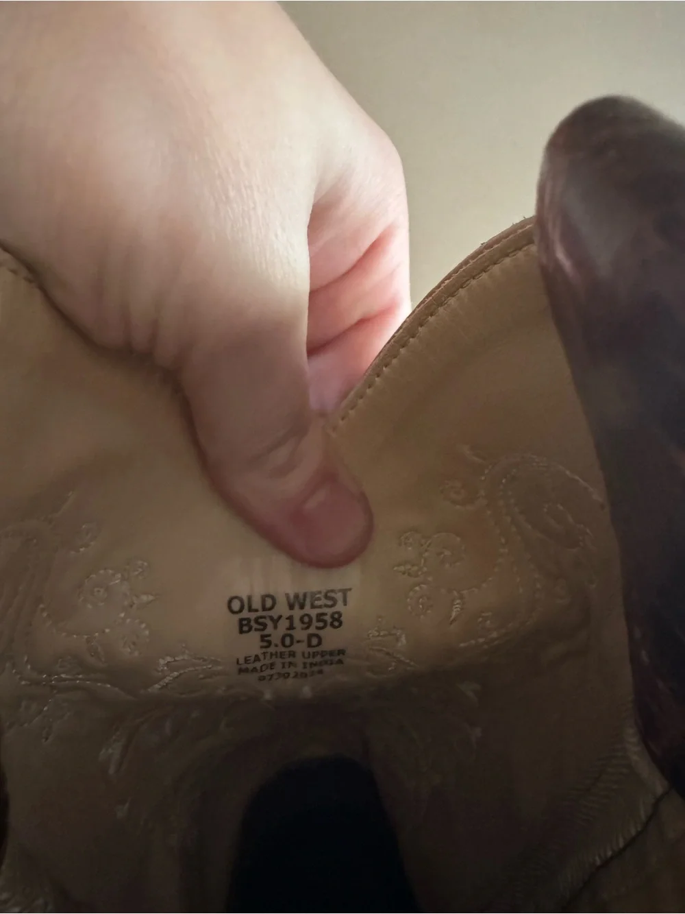 Old West Brown Leather Kids Western Boots with Cream Embroidery Size 5.0 D